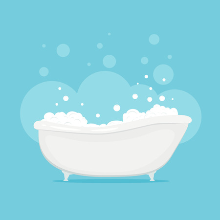White bathtub in bathroom. Vintage bath and soap foam bubbles on blue background,  illustration.のイラスト素材