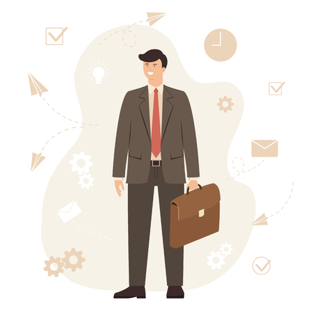 Concept with businessman in business suit with a briefcase in his hand in cartoon style. Background with work process icons, illustration.のイラスト素材
