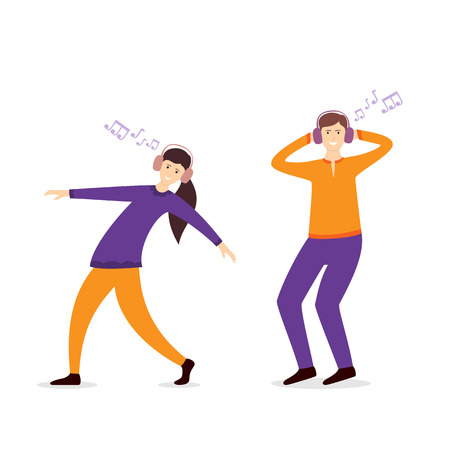 Girl and guy listening to music with headphones and dancing. Couple in cartoon style isolated on white background,  illustration.のイラスト素材