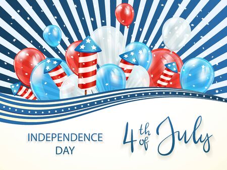 Independence day theme. Balloons and rocket fireworks on blue stripped background. Lettering 4th of July on white background. The concept of holiday can be used for cards, posters and banners, illustration.のイラスト素材