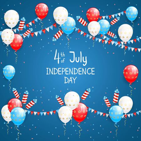 Independence day theme. Balloons and rocket fireworks with lettering 4th of July on blue background. The concept of holiday can be used for cards, posters and banners, illustration.のイラスト素材