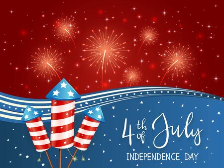 Independence day theme. Fireworks on red background. Lettering 4th of July and fireworks rockets on blue background. The concept of holiday can be used for greeting cards, posters and banners, illustration.のイラスト素材