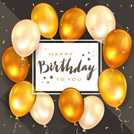 Lettering Happy Birthday To You on white card. Black background with golden balloons and confetti. The concept of holiday can be used for cards, greetings, posters and banners, illustration.のイラスト素材