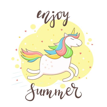 Unicorn with rainbow mane, hearts and stars on yellow background. Lettering Enjoy Summer, illustration.のイラスト素材