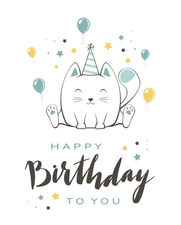 Lettering Happy Birthday and vector contour image of happy kitty in party hat with blue and yellow balloons. Can be used for card, children's clothing design, t-shirts, banners, illustrations.のイラスト素材