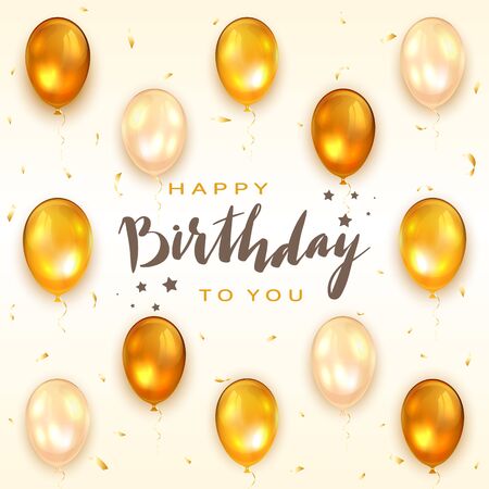 Lettering Happy Birthday To You on white background. Decorations with golden balloons and confetti. The concept of holiday card can be used for congratulation, posters and banners, illustration.のイラスト素材