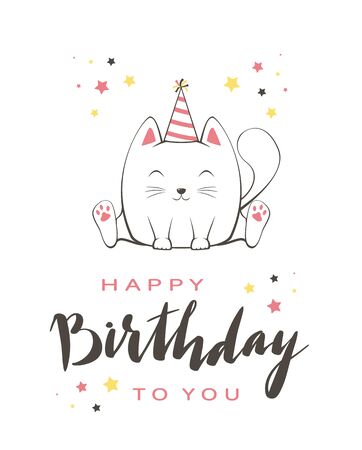 Lettering Happy Birthday on greeting card in cartoon style. Vector contour image of pink happy kitty in party hat. Can be used for card, children's clothing design, t-shirts, banners, illustrations.のイラスト素材