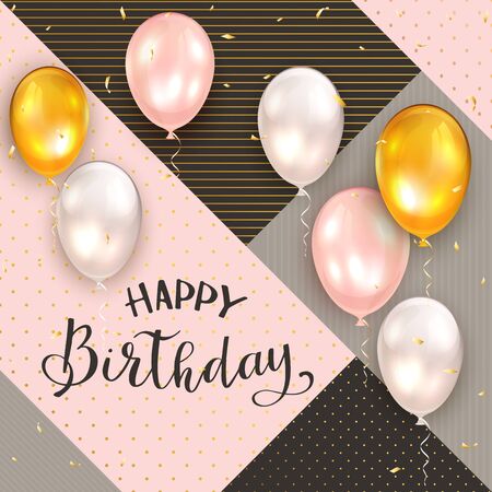 Pink and black holiday background. Lettering Happy Birthday with golden, white and pink balloons and confetti. Image can be used for cards, greetings, banners, illustrations.のイラスト素材