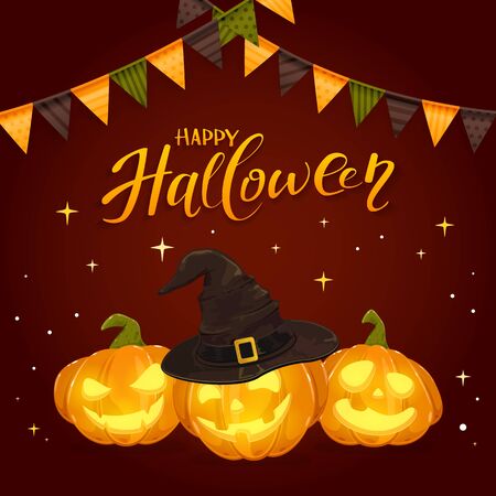 Lettering Happy Halloween with pennants, stars and smiling orange pumpkins in a black witch's hat with golden buckle on dark background, illustration.のイラスト素材