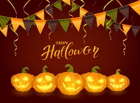 Lettering Happy Halloween with pennants, streamers and set of smiling orange pumpkins on dark background, illustration.のイラスト素材