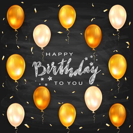 Lettering Happy Birthday To You on blackboard background. Decorations with golden balloons and confetti. The concept of holiday card can be used for congratulation, posters and banners, illustration.のイラスト素材