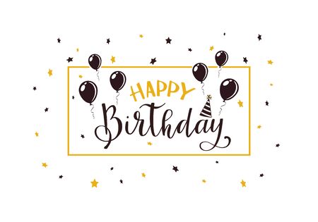 Black and golden text Happy Birthday with balloons, holiday cap and stars isolated on white background. Illustration can be used for cards, children's clothing design, invitations and banners.のイラスト素材