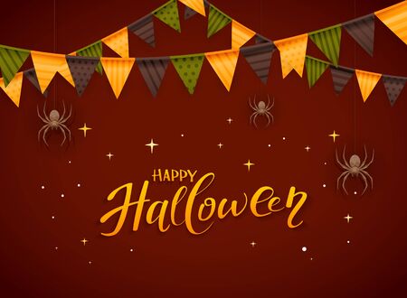 Lettering Happy Halloween with colored pennants and scary spiders on dark red background, illustration.のイラスト素材