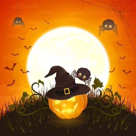 Smiling pumpkin with hat of witch and cute spiders on orange background with moon. Halloween theme with Jack O Lantern. Illustration can be used for holiday cards, invitations and banners.のイラスト素材