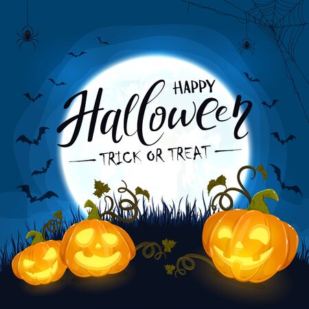 Smiling pumpkins and Moon with lettering Happy Halloween on blue night background. Holiday card with Jack O' Lanterns, bats and spider. Illustration can be used for cards, invitations and banners.のイラスト素材