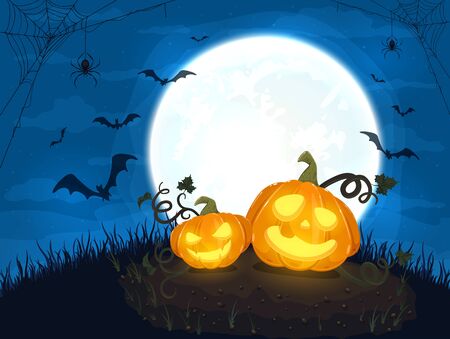 Two Happy pumpkins and moon on blue night background. Halloween card with smiling Jack O' Lanterns, bats and spiders. Illustration can be used for holiday cards, invitations and banners.のイラスト素材
