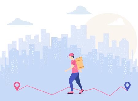 Man delivering the food is walking through the city. Fast food courier service concept. Urban landscape and delivery man with box, illustration.のイラスト素材