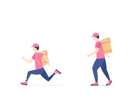 Set of two man delivering the food, parcel or post. Fast food courier service concept. Delivery boy with box, isolated on white background. Flat illustration.のイラスト素材