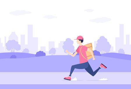 Man delivering the food is running through the park. Fast food courier service concept. Urban landscape and delivery man with box, illustration.のイラスト素材