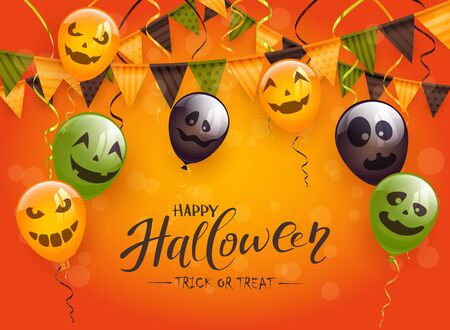 Lettering Happy Halloween and Trick or Treat on orange background with black and green scary balloons, pennants and streamers. Illustration can be used for holiday cards, invitations and banners.のイラスト素材