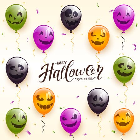 Lettering Happy Halloween and Trick or Treat on white background with black, orange and green scary balloons with confetti. Illustration can be used for holiday cards, invitations and banners.のイラスト素材