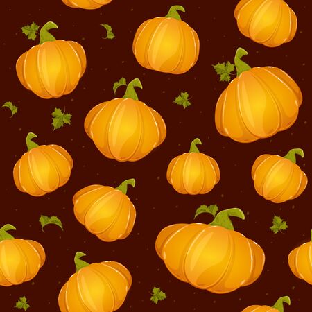 Seamless background with ripe pumpkins. Set of gourd for Thanksgiving Day or Halloween on dark background. Illustration can be used for backdrops, holiday cards, invitations and banners.のイラスト素材