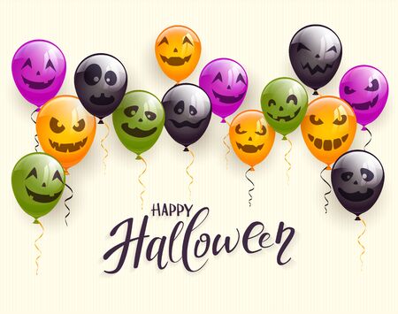 Lettering Happy Halloween on beige background. Black, green, purple and orange balloons with scary faces. Illustration can be used for holiday cards, invitations, children's clothing design and banners.のイラスト素材