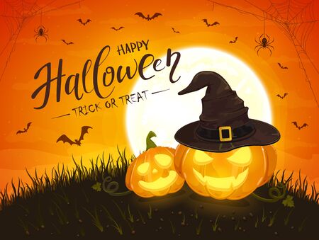 Two smiling pumpkins with hat of witch and lettering Happy Halloween on orange background with moon. Jack O Lanterns, bats and spiders. Illustration can be used for holiday cards, invitations, banners.のイラスト素材