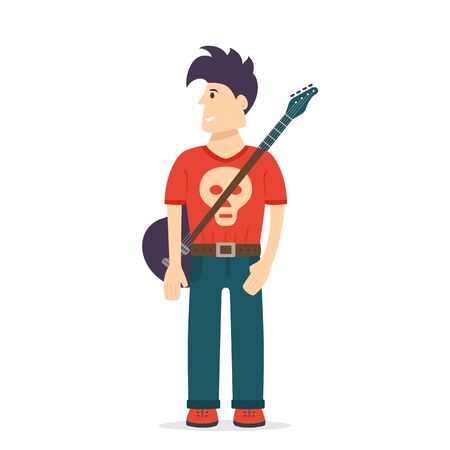 Man with rock guitar and skull on clothing isolated on white background. Rock star with funny hair. Cartoon character guitarist. Vector illustration can be used for rock concert design and flyers .のイラスト素材