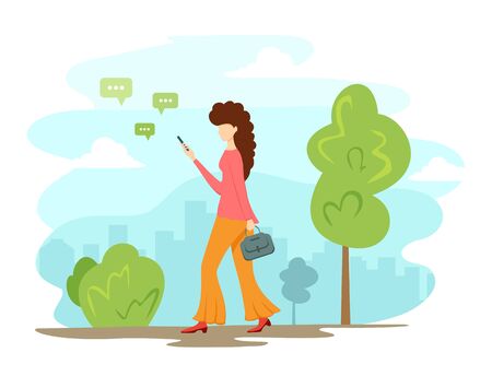 Modern woman walks in Park and looks in mobile phone, using social network. Concept of young lady with mobile gadget. Vector illustration can be used for website template, social networking and bannerのイラスト素材