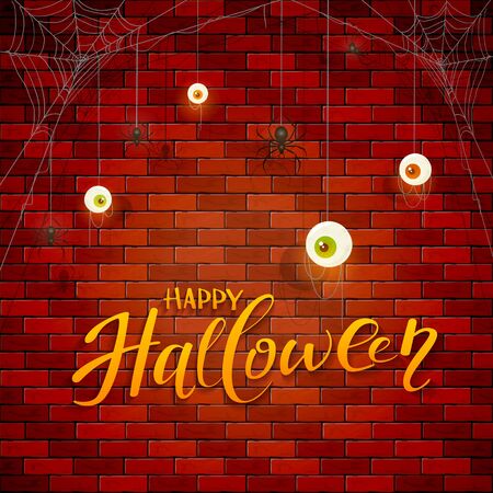 Text Happy Halloween on brick wall background with scary eyes and black spiders on cobwebs. Illustration can be used for holiday cards, backdrops, children's clothing design, invitations and banners.のイラスト素材