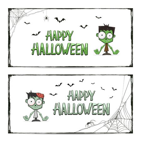 Banners with zombie and lettering Happy Halloween. Black spiders, bats and cute monster on white background. Illustration can be used holiday cards, children's clothing design, invitations and bannersのイラスト素材