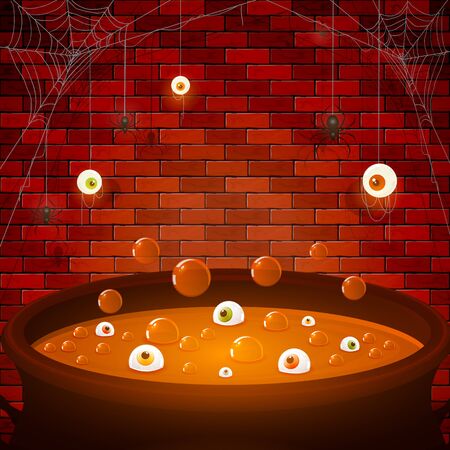Halloween brick wall background. Scary eyes and spiders on web. Orange potion in cauldron with eyes and bubbles. Illustration can be used for cards, children's holiday design, invitations and bannersのイラスト素材