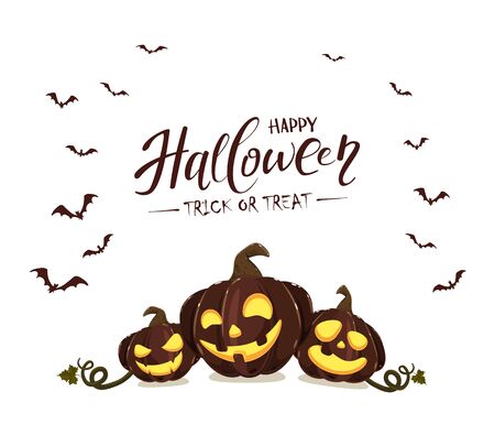 Pumpkins isolated on white background with text Happy Halloween. Card with Jack' O Lanterns and bats. Illustration can be used for children's holiday or clothing design, cards, invitations, banners.のイラスト素材