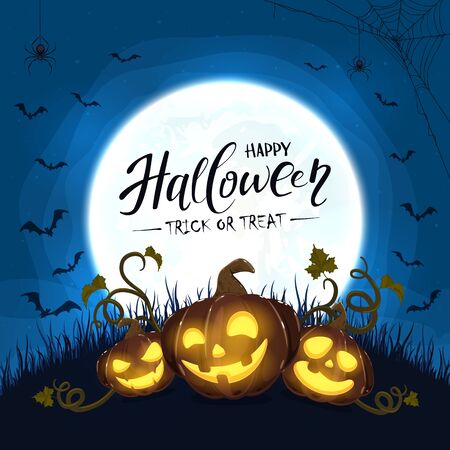 Black happy pumpkins and Moon with lettering Happy Halloween on blue night background. Holiday card with Jack O' Lanterns, bats and spiders. Illustration can be used for cards, invitations and bannersのイラスト素材
