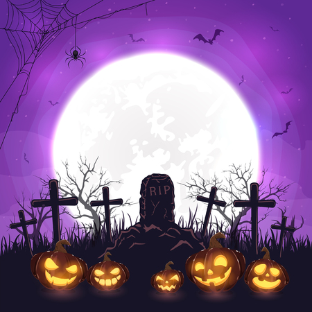 Halloween pumpkins on cemetery. Moon on purple night background. Card with Jack O' Lanterns, bats and spider. Illustration can be used for children's holiday design, cards, invitations and bannersのイラスト素材