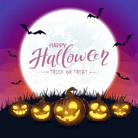 Pumpkins with Moon and lettering Happy Halloween on purple night background. Card with Jack O' Lanterns and bats. Illustration can be used for children's holiday design, cards, invitations and bannersのイラスト素材
