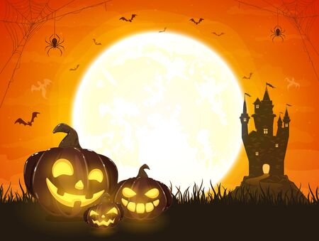 Halloween pumpkins with castle. Moon on orange night background. Card with Jack O' Lanterns, bats, ghosts and black spiders. Illustration can be used for children's holiday design, invitations, bannerのイラスト素材
