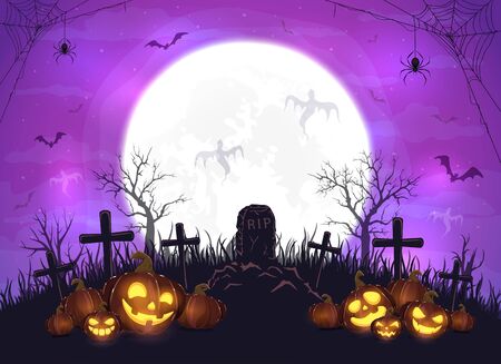 Halloween pumpkins on cemetery. Purple night background. Card with Jack O' Lanterns, ghosts, bats and spiders. Illustration can be used for children's holiday design, cards, invitations and banners.の写真素材