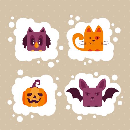 Halloween icons. Set of cute holiday characters: cat, pumpkin or Jack O' Lantern, bat and owl. Illustration can be used for children's holiday or clothing design, cards, invitations and banners.のイラスト素材