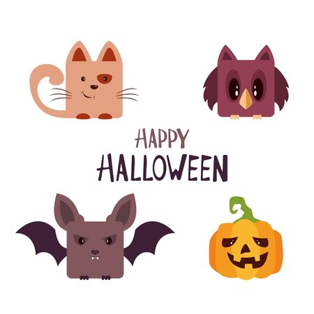 Set of holiday icons isolated on white background. Halloween pumpkin or Jack O'Lantern, bat, cat, owl. Illustration can be used for children's holiday or clothing design, cards, invitations and bannerのイラスト素材