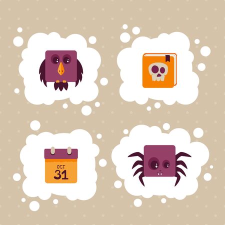 Halloween icons. Set of cute holiday elements: crow, spider, calendar, scary book with skull. Illustration can be used for children's holiday or clothing design, cards, invitations and banners.のイラスト素材