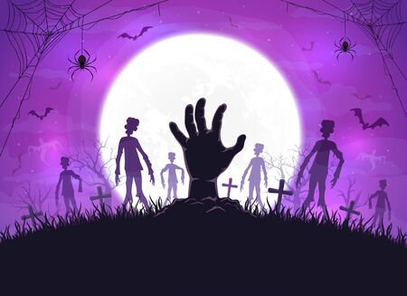 Hand sticks out of ground and dark silhouettes in cemetery. Purple night background with zombie, bats and spiders. Illustration can be used for children's holiday design, cards, invitations and bannerのイラスト素材