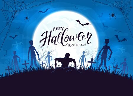 Dark silhouette sticks out of ground in cemetery. Blue Halloween night background with zombies, bats and spider. Illustration can be used for children's holiday design, cards, invitations and bannerのイラスト素材