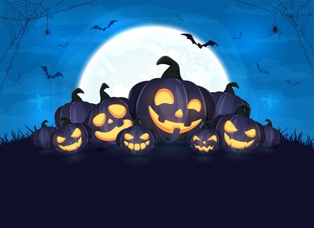 Happy pumpkins on Halloween background. Blue night with full moon. Card with Jack O' Lanterns, bats and spiders. Illustration can be used for children's holiday design, cards, invitations and banners.のイラスト素材