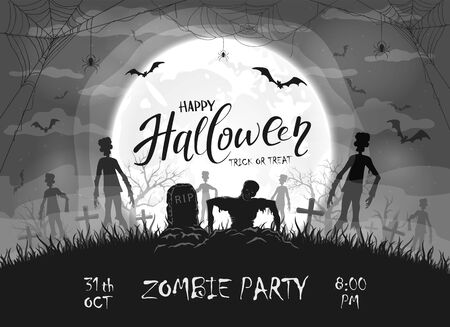 Dark silhouette sticks out of ground in cemetery. Black Halloween night background with zombies, bats and spider. Illustration can be used for children's holiday design, cards, invitations and bannersのイラスト素材