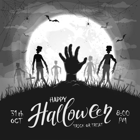 Silhouette of a hand sticks out of ground in cemetery. Black Halloween background with zombies, bats and spider. Illustration can be used for children's holiday design, cards, invitations and bannersのイラスト素材