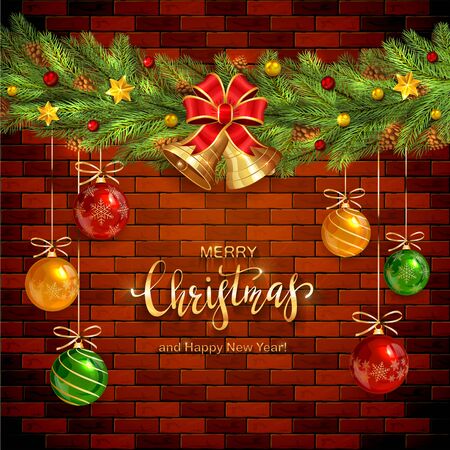 Brick wall background with fir tree branches, Christmas balls and bells. Golden lettering Merry Christmas and Happy New Year. Illustration can be used for holiday design, cards, invitations and bannersのイラスト素材