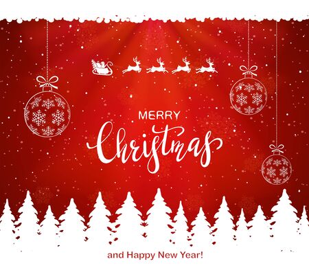 Christmas balls and Santa with reindeers flies over Christmas trees on a red snowy background. Illustration can be used for children's holiday design, cards, invitations and banners.のイラスト素材