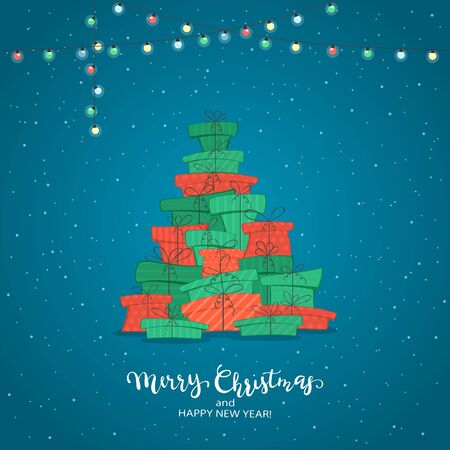 Set of red and green gifts in the form of a Christmas tree on blue background with text Merry Christmas and Happy New Year. Illustration can be used for holiday design, cards, invitations and banners.のイラスト素材